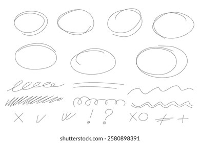 Hand drawn Highlight oval frames, hand drawn underlines lines. Marker scribble doodle circle set. Ovals and ellipses line template. Stock vector illustration isolated on white background.