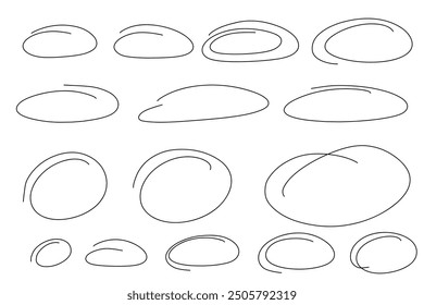 Hand drawn highlight ovals and circles set. Ovals of different widths. Highlight circle frames. Ellipses in doodle style. Set of vector illustration isolated on white background.