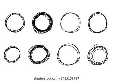 hand drawn highlight scrawl circles. Sketch highlight oval frames set. Doodle Marker sketch. Highlighting text and important objects. Round scribble frames. Vector illustration isolated on white.