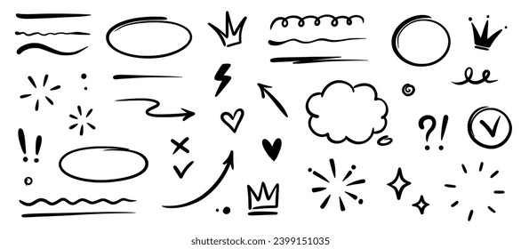 Hand drawn highlight, text underline, emphasis mark, line shape set. Hand drawn scribble arrow, love heart, speech bubble, crown element. Marker, pen brush stroke graphic element. Vector illustration