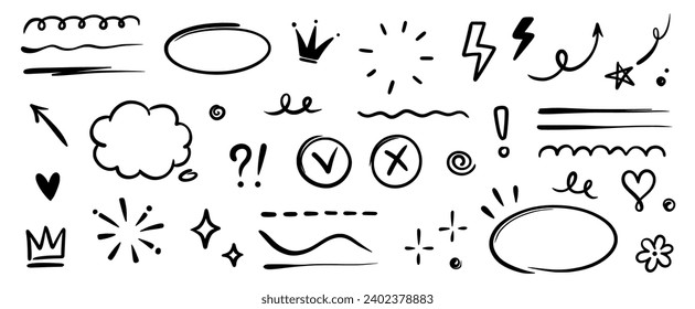 Hand drawn highlight, text underline, emphasis mark, line shape set. Hand drawn scribble arrow, love heart, speech bubble, crown element. Marker, pen brush stroke graphic element. Vector illustration