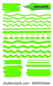 Hand drawn highlighter brush graphic set. Bright green hand drawings with solid lines, wavy strokes, dashed stripes and highlight marker sketchy boxes. Vector illustration for school style notes