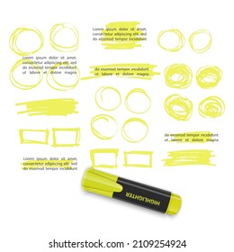 Hand drawn highlighter design elements, marks, stripes and strokes. Can be used for text highlighting, marking or coloring in your designs, vector illustration