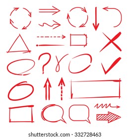 hand drawn highlighter elements, circle, check mark, arrow, bubble, rectangle set