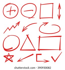 hand drawn highlighter elements, circle, rectangle shapes, tick, arrows