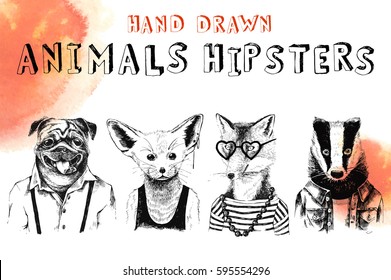 Hand drawn highly detailed animals hipsters set - pug, fenec, fox and budger