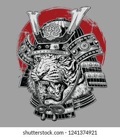 Hand drawn highly detailed Japanese tiger samurai vector illustration on grey ground