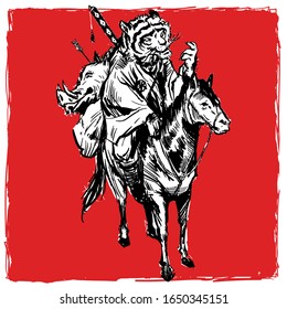Hand drawn highly detailed Japanese tiger samurai vector illustration on red background