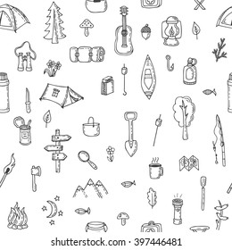 Hand drawn hike seamless pattern. Picnic, travel, hiking and camping. Doodle camping elements. Vector illustration