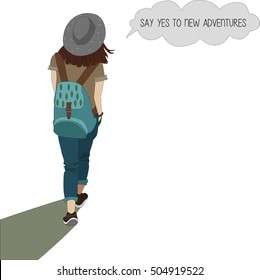 Hand drawn hiker woman with backpack and hat with hand drawn inscription Say yes to new adventures. Free Spirit. Wanderlust. Atmospheric vector illustration