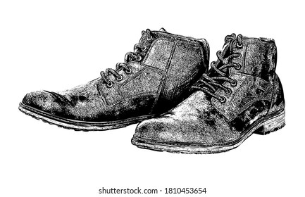 Hand drawn hiking boots. Isolated vector illustration in sketch engraving style. Vector