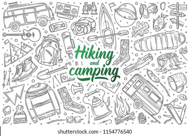 Hand drawn hiking and camping set doodle