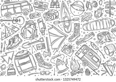 Hand drawn hiking and camping set doodle vector illustration background Hand drawn hiking and camping set doodle vector illustration background