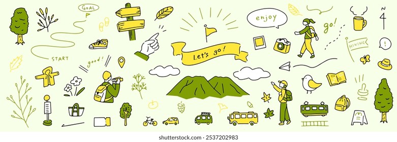 Ilustraciones de senderismo dibujadas a mano. Conjunto divertido y lindo de ilustraciones. Un fin de semana relajante en las montañas. Personas observando la naturaleza. Un mitin de sellos usando transporte público. 