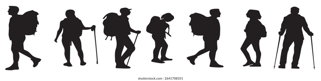 hand drawn hiking silhouette vector
