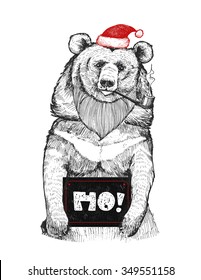 Hand drawn Himalayan bear. The hat of Santa Claus. Congratulations in his paws. Christmas. Chalk board. The inscription lettering. Bear hipster. ho
