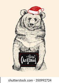 Hand drawn Himalayan bear. The hat of Santa Claus. Congratulations in his paws. merry Christmas. Chalk board. The inscription lettering. Bear hipster. 
