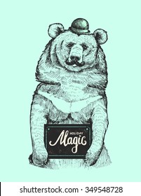 Hand drawn Himalayan bear. Bear with a mustache and a hat . Congratulations in his paws. Christmas. Chalk board. The inscription lettering. Bear hipster. magic holidays