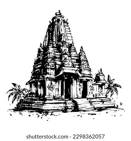 Hand drawn Hindu Indian Temple isolated in white