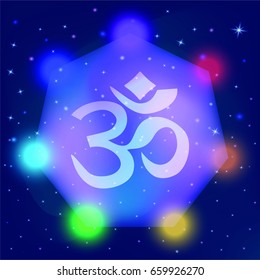 Hand drawn Hindu Om sign and seven Chakra lights around of polygon sacred geometry art, glowing light of stars in the mystical night sky background. Great for t shirt, tattoo, pillows or posters print