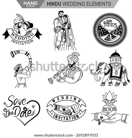Hand Drawn Hindu Wedding Elements – Traditional Indian Marriage Symbols, Couple, Elephant, Musical Instruments, and Invitation Designs