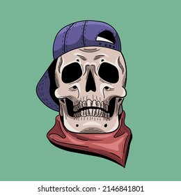 Hand Drawn Hip Hop Skull Wearing A Cap And Bandana. Flat, Cartoon, Comics Style With Black Solid Outline. Pop Art.