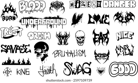 Hand drawn Hip-Hop graffiti doodle set and street art tags vector icons collection set. Hand writing graffiti text vector illustration