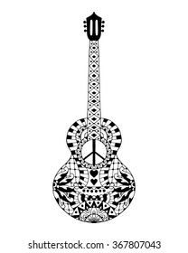 Hand drawn hippie acoustic guitar for anti stress colouring page. Pattern for coloring book. Made by trace from sketch. Illustration in zentangle style. Monochrome variant. 