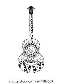 Hand drawn hippie acoustic guitar for anti stress colouring page. Pattern for coloring book.  Vector illustration in hippy style. Love and music pattern.