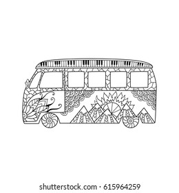 Hand drawn hippie car a mini van for anti stress colouring page. Pattern for coloring book.  Vector illustration in hippy style. Love and music design. Hippie bus.