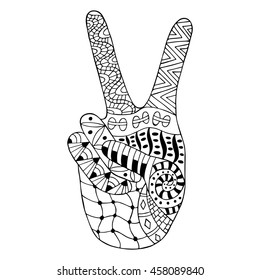 Hand drawn hippie peace symbol for anti stress colouring page. Pattern for coloring book. Made by trace from sketch. Illustration in zentangle style. Monochrome variant. 