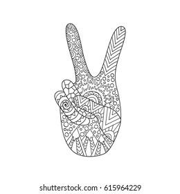 Hand drawn hippie peace symbol for anti stress colouring page. Pattern for coloring book.  Vector illustration in hippy style. Love and music design.