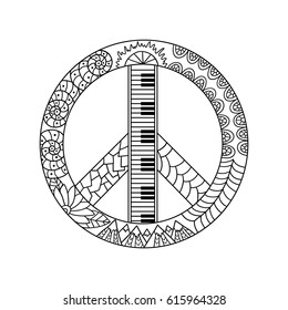 Hand drawn hippie peace symbol for anti stress colouring page. Pattern for coloring book.  Vector illustration in hippy style. Love and music design.