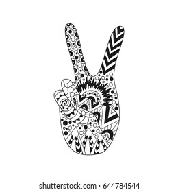 Hand drawn hippie peace symbol for anti stress colouring page. Pattern for coloring book.  Vector illustration in hippy style. Love and music design.