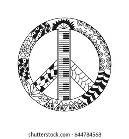 Hand drawn hippie peace symbol for anti stress colouring page. Pattern for coloring book.  Vector illustration in hippy style. Love and music design.