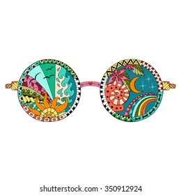 Hand drawn hippie sun glasses for anti stress coloring page. Pattern for coloring book. Made by trace from sketch.Illustration in zentangle style. Colorful variant. Hippie collection