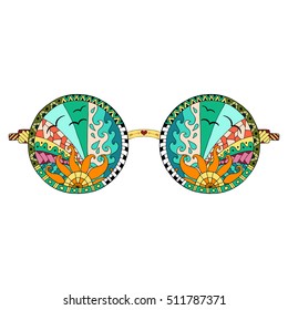 Hand drawn hippie sun glasses for anti stress coloring page.Made by trace from sketch.Illustration in zentangle style. Colorful variant. 