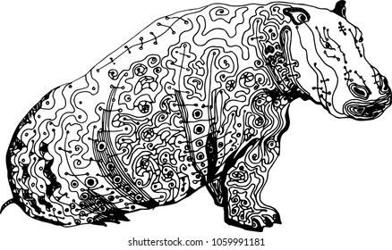 Hand drawn hippo ( hippopotamus, behemoth ). Sketch, vector illustration.
