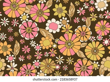 Flores hippies dibujadas a mano en naranja, verde, marrón, taupe y rosa sobre un suelo marrón