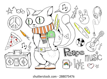  Hand drawn hippy set. Peace, love, music, hippie cat.