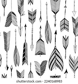 Hand drawn hipster arrows seamless pattern. Boho style ornament with simple arrows with feathers. Black and white vector background. Abstract pen drawing seamless texture. Doodle and tribal style.