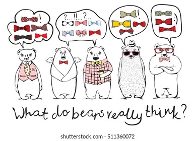 Hand drawn hipster  bears and bow tie sets with hand drawn text