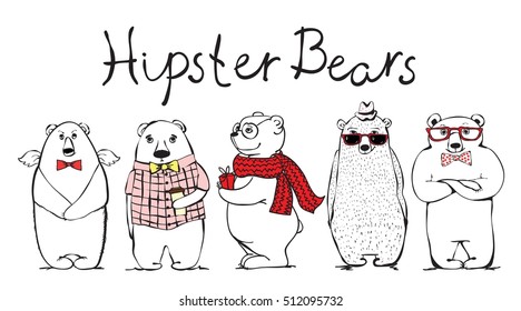 Hand drawn hipster bears set. Hand drawn print style