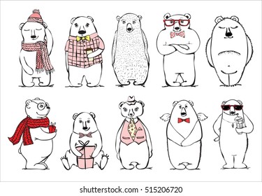 Hand drawn hipster bears set. Hand drawn print style