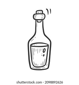 Hand drawn hipster bootle with black liquid. Doodle sketch style. Drawing line simple bottle icon. Isolated vector illustration.