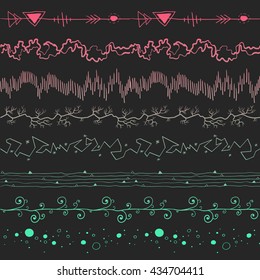 Hand drawn hipster border points, lines, branches in the gradient on a black background