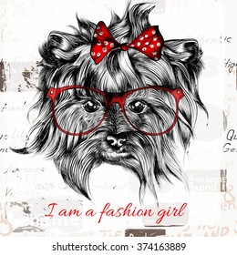 Hand drawn hipster dog with red bow and glasses fashion girl