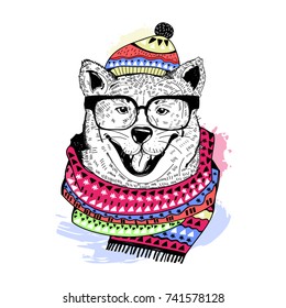 Hand drawn hipster dog in scarf and beanie. Colored vector illustration