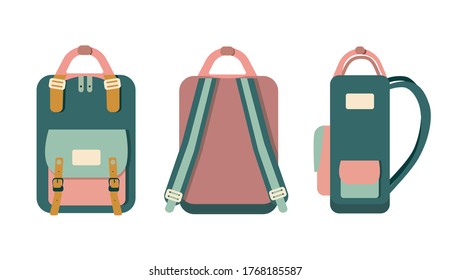 Hand drawn hipster doodle backpack in different projections:front,back and side isolated on white background.School decorative element.Back to school.Colorful pastel icon.Unisex bag for travelling. 