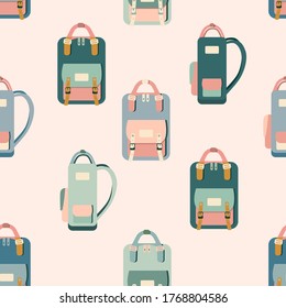 Hand drawn hipster doodle backpacks seamless pattern in different projections isolated.Back to school.Colorful pastel vector icon.Unisex fabric bag, briefcase for travelling,print for notebook,clothes